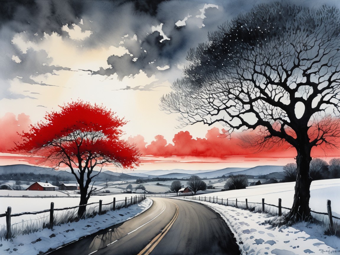 Winding Road in Winter Landscape with Vibrant Tree