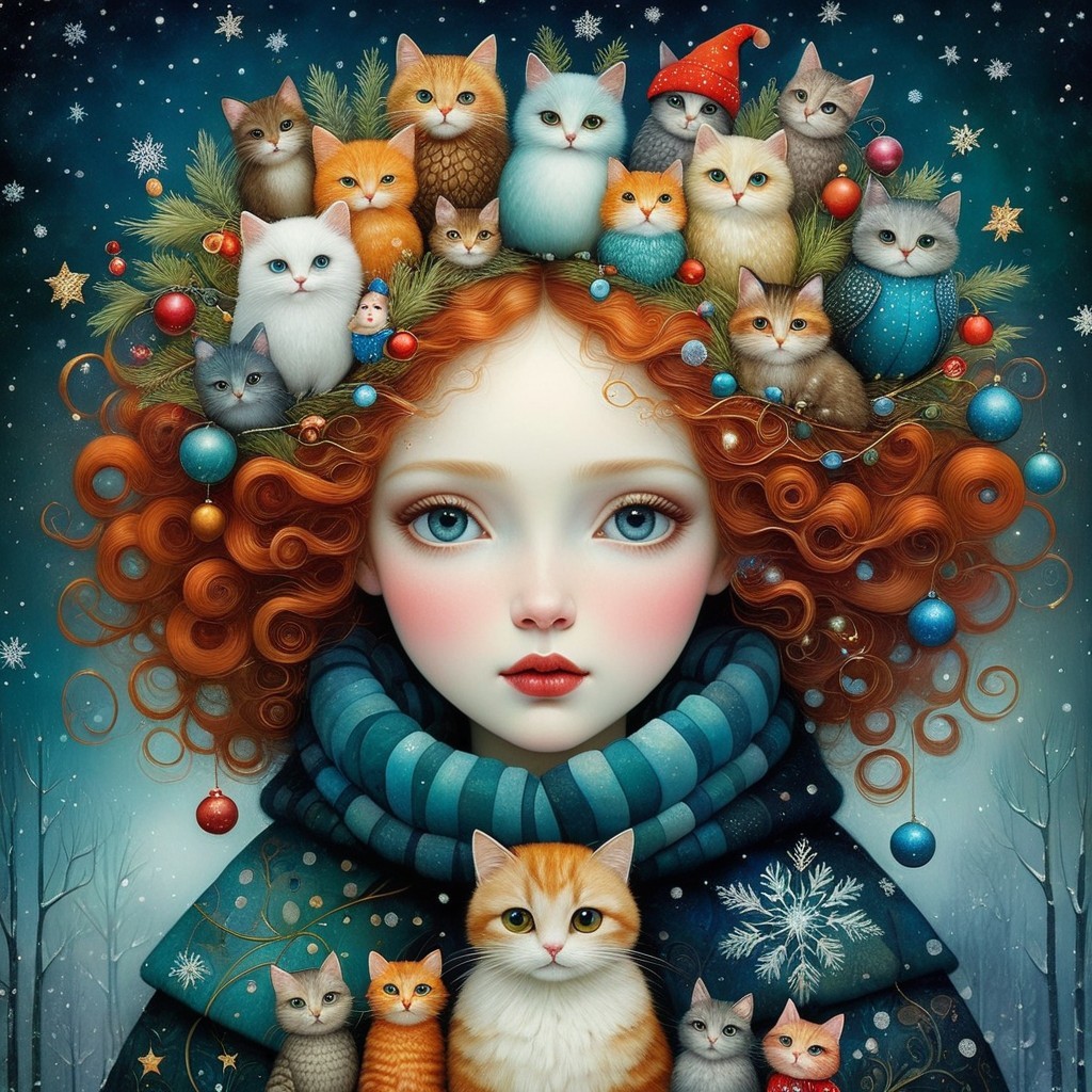 Whimsical portrait of a girl with red curly hair