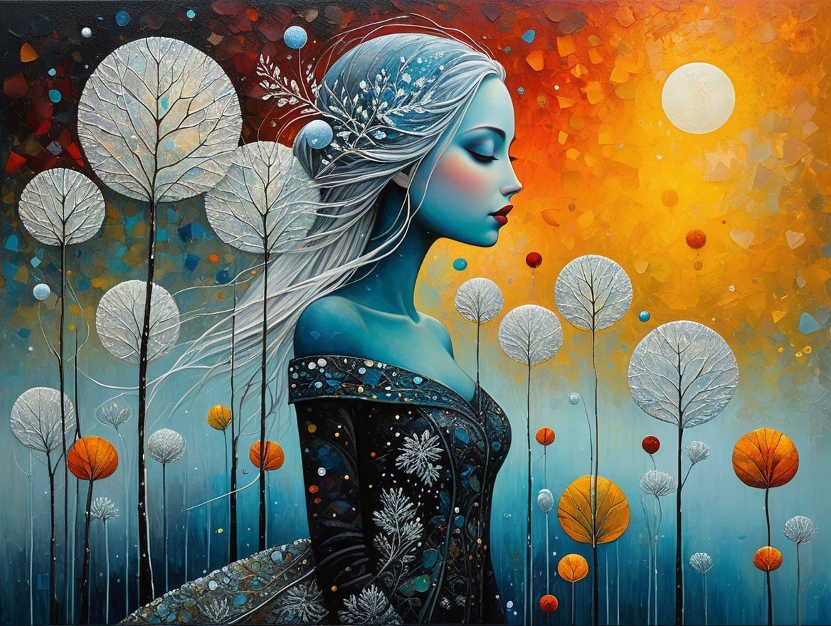 Serene Blue-Haired Woman in a Whimsical Landscape