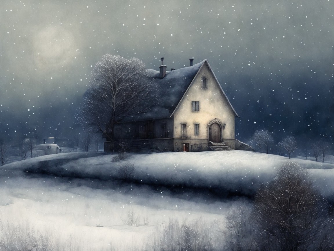 Winter Scene of House on Snowy Hill with Moonlight