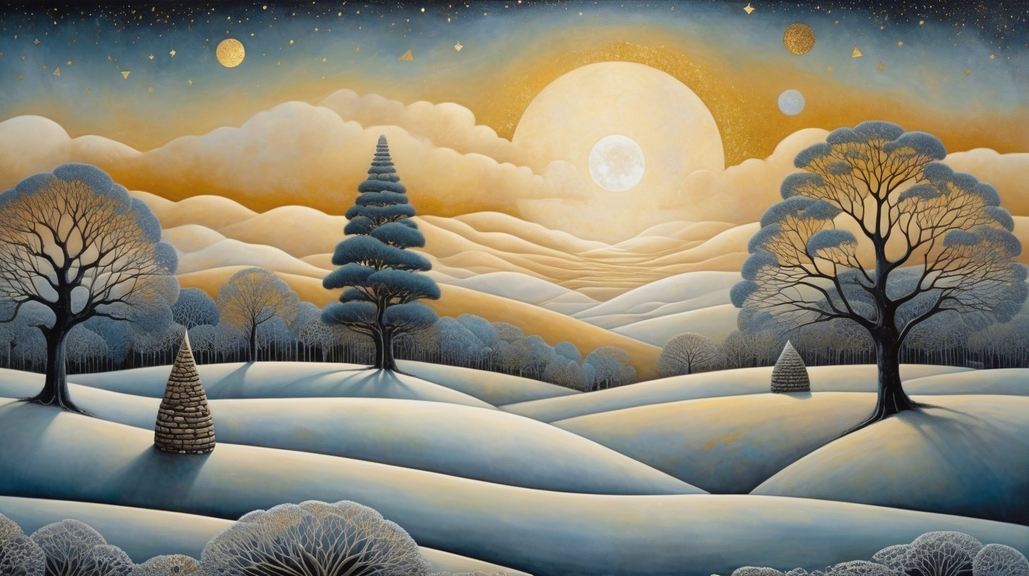 Fantastical Winter Landscape with Sunset and Planets