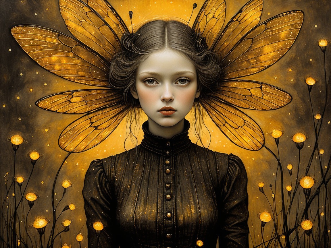Young Woman with Butterfly Wings in Golden Setting