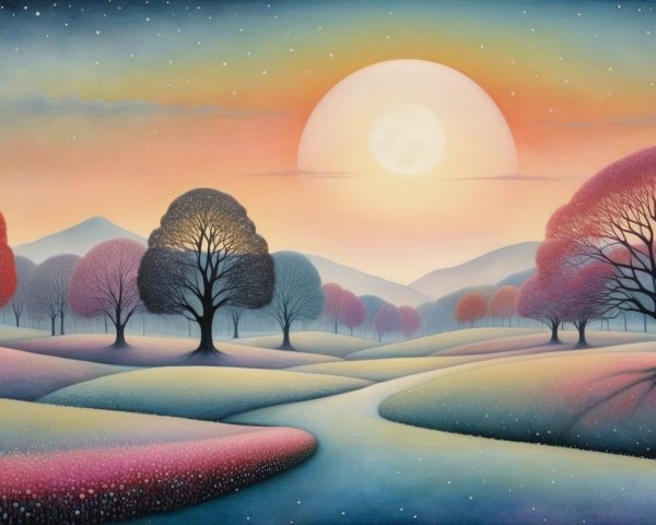 Surreal Landscape with Whimsical Trees and Gradient Sky