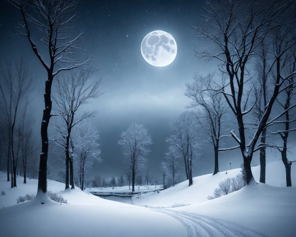 Serene Winter Landscape Under Moonlight and Snow