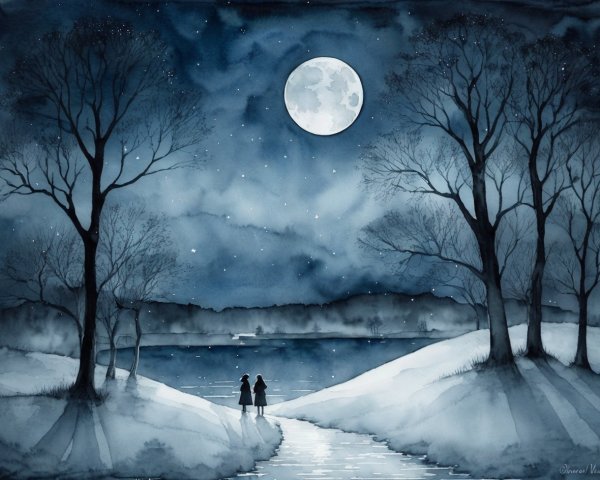 Snowy Path Scene with Silhouettes and Moonlit Lake