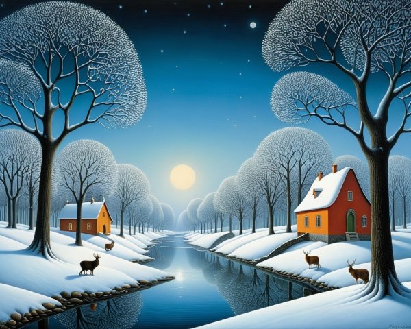 Serene winter landscape with moonlit river and deer