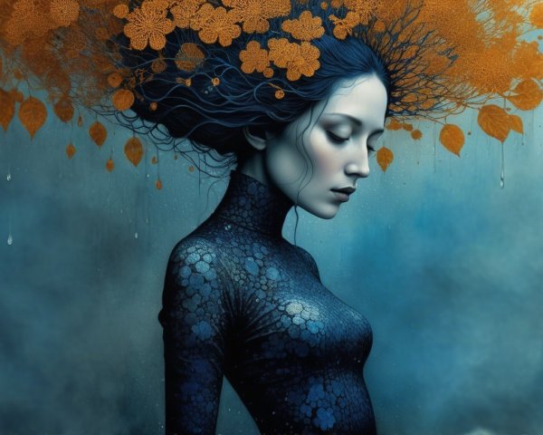 Profile of a Woman in Thought with Colorful Hair Elements