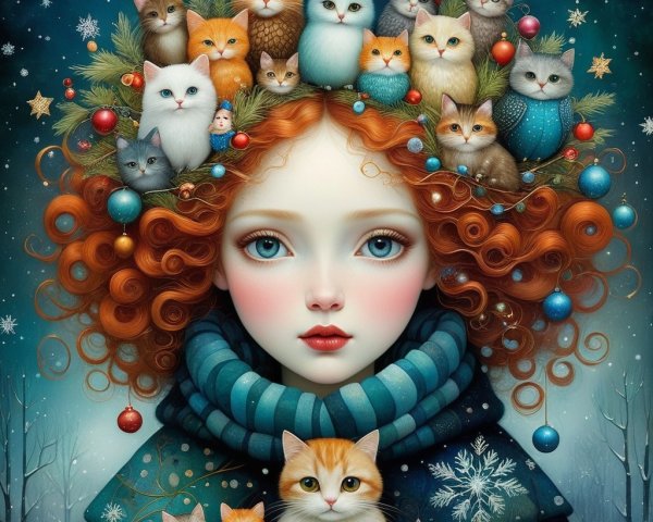 Whimsical portrait of a girl with red curly hair
