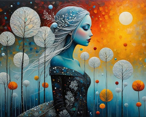 Serene Blue-Haired Woman in a Whimsical Landscape