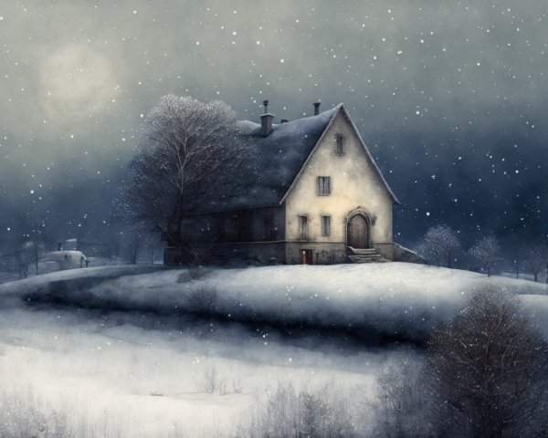 Winter Scene of House on Snowy Hill with Moonlight