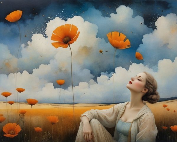 Whimsical Painting of Woman Among Vibrant Poppies