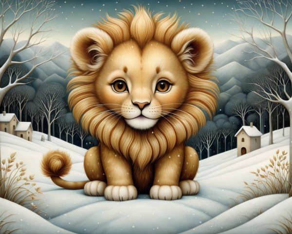 Cartoon Lion in a Serene Winter Landscape