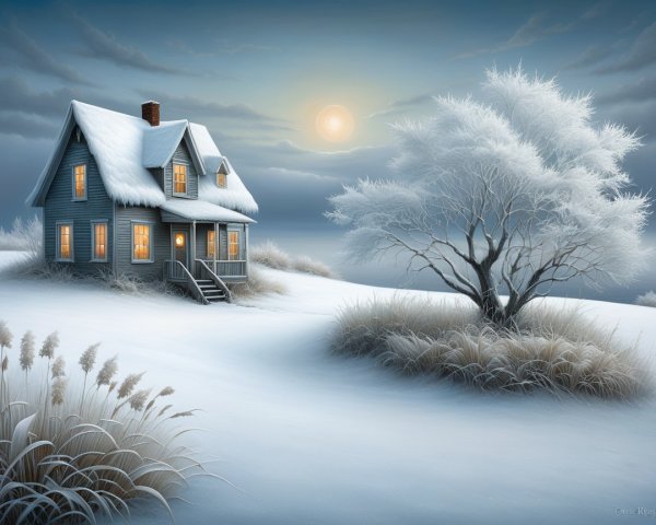 Cozy Blue House in a Serene Winter Landscape