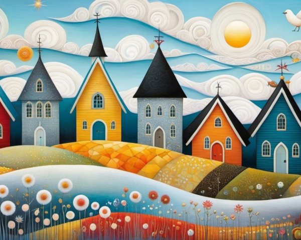 Whimsical Digital Painting of Colorful Storybook Houses
