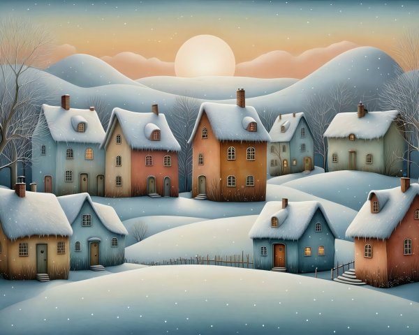 Cozy Winter Village Scene with Snow-Covered Hills