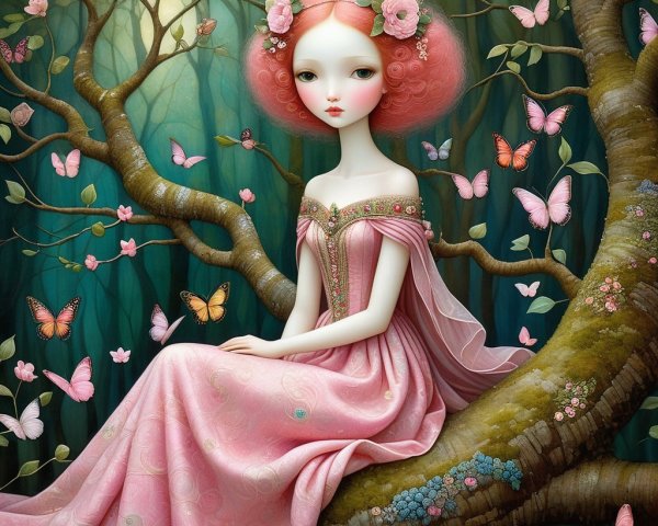 Young girl with pink hair in a whimsical nature scene