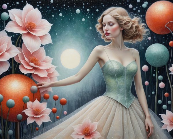 Blond Woman in Dress Surrounded by Fantasy Flowers and Planets