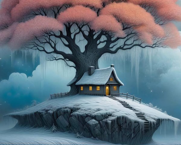 Snowy Cottage on Rocky Hill with Pink Tree and Icicles