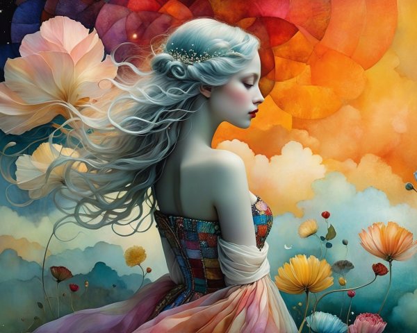 Young Woman with Blue Hair in Colorful Dress and Flowers