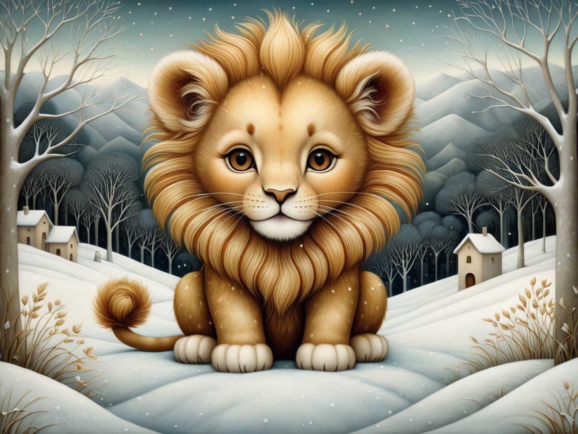 Cartoon Lion in a Serene Winter Landscape