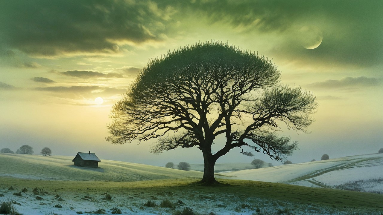 Minimalist landscape with oak tree and colorful sky
