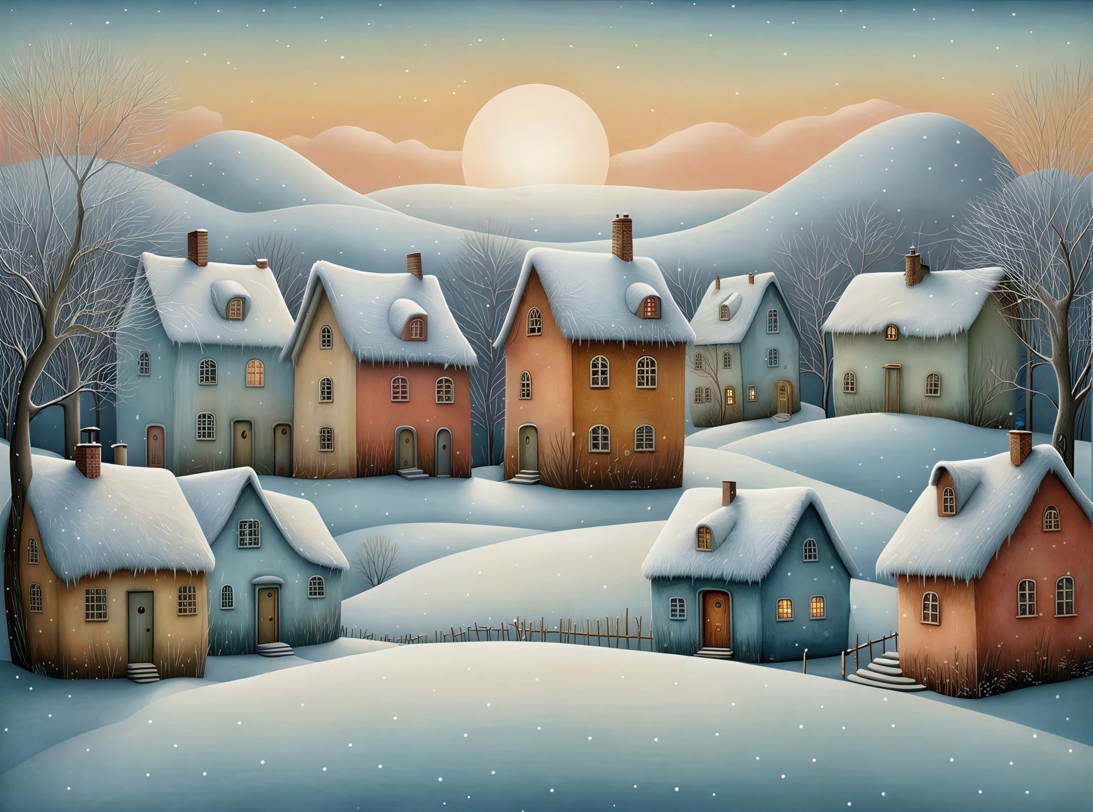 Cozy Winter Village Scene with Snow-Covered Hills