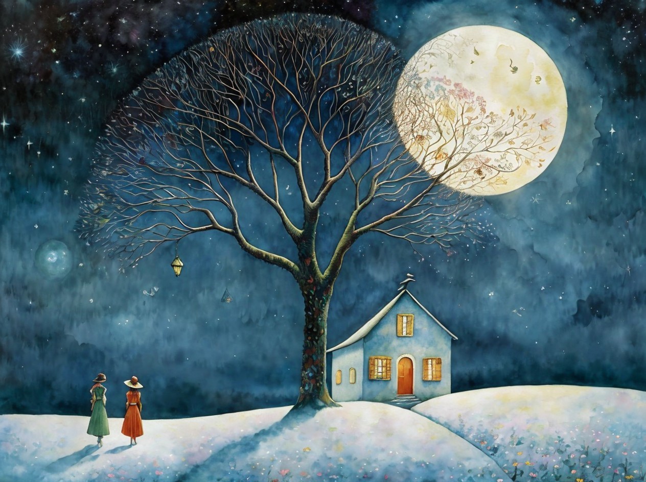 Whimsical Night Scene with Women and Full Moon