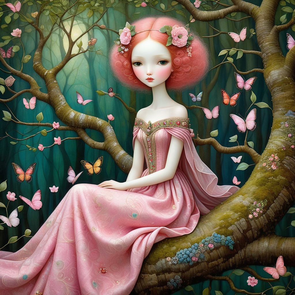 Young girl with pink hair in a whimsical nature scene