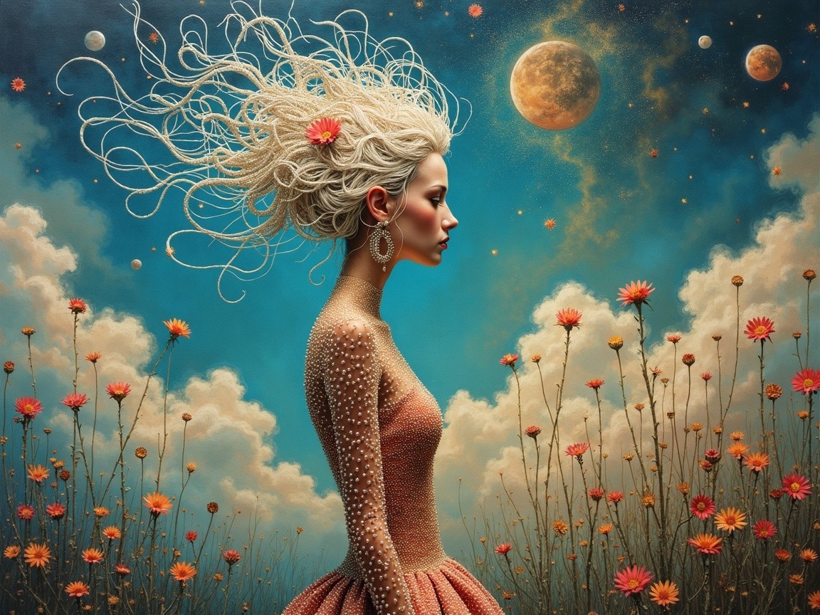 Surreal Oil Painting of Woman with Glittery Dress