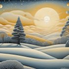 Fantastical Winter Landscape with Sunset and Planets