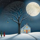 Whimsical Night Scene with Women and Full Moon