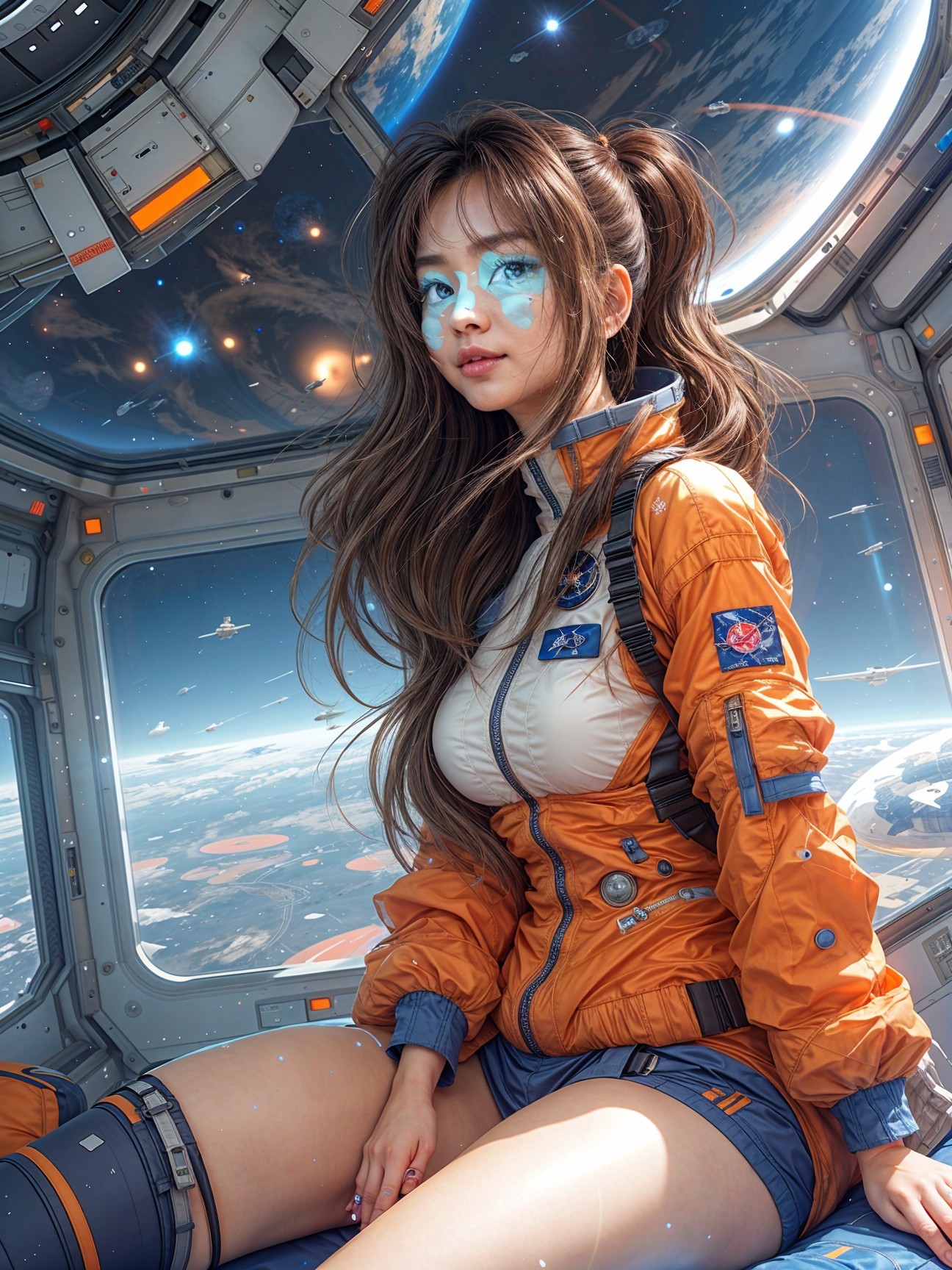 Futuristic Spacecraft Scene with Young Woman in Orange Suit