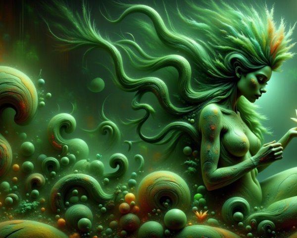 Vibrant Illustration of a Green-Skinned Woman in Nature