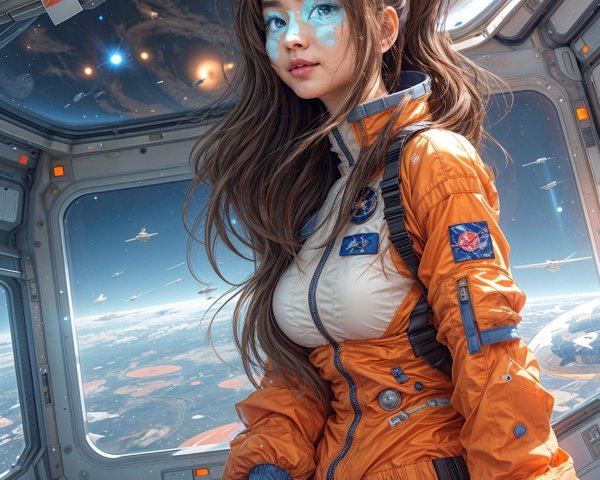 Futuristic Spacecraft Scene with Young Woman in Orange Suit