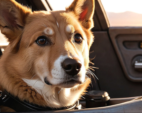 Corgi in Car Seat with Sunlight and Classic Interior
