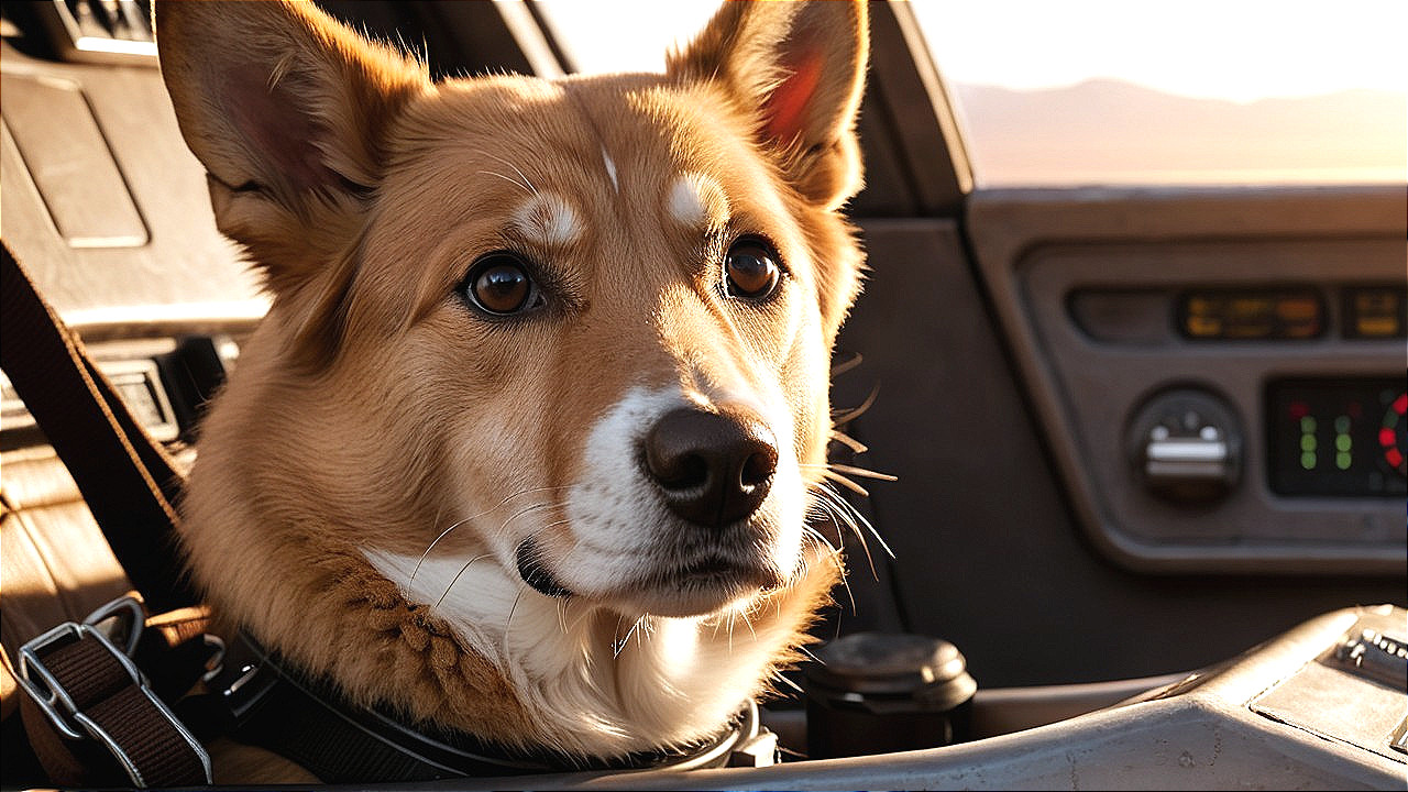 Corgi in Car Seat with Sunlight and Classic Interior