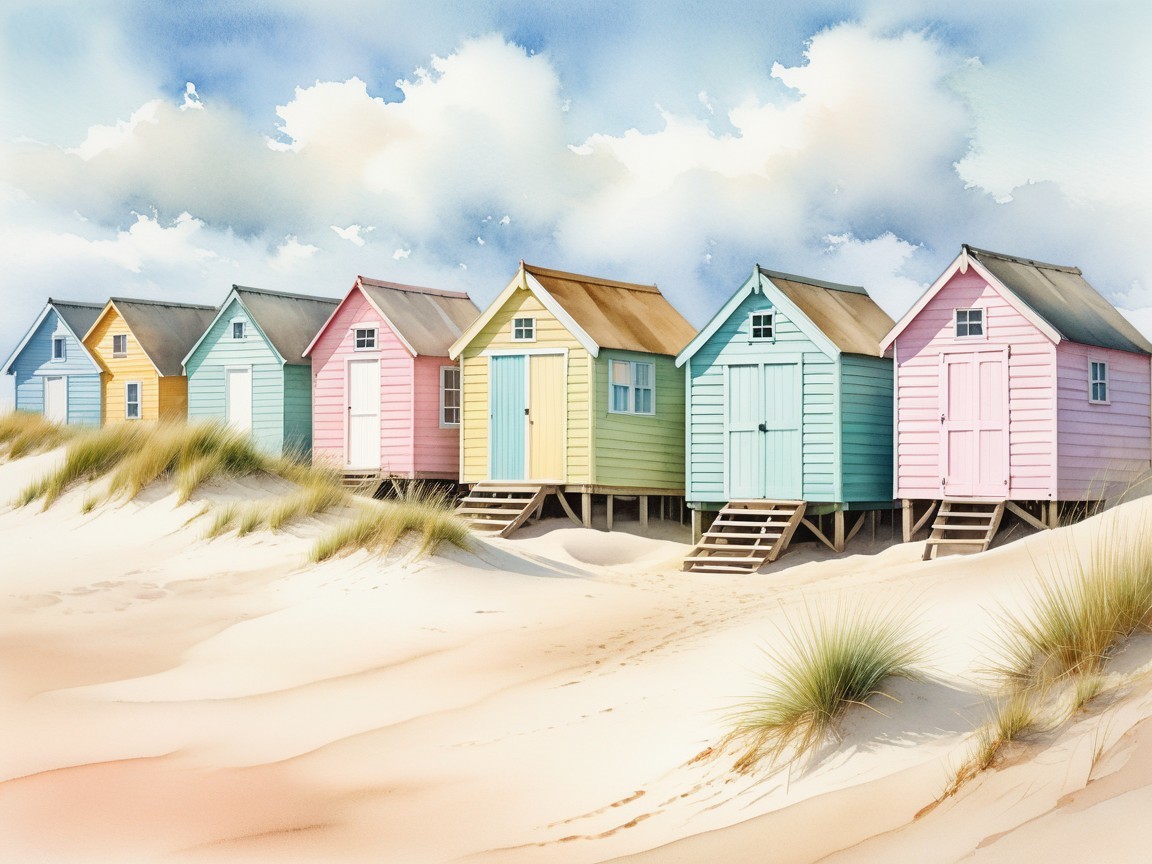 Watercolor of Colorful Beach Huts on Sand Dunes