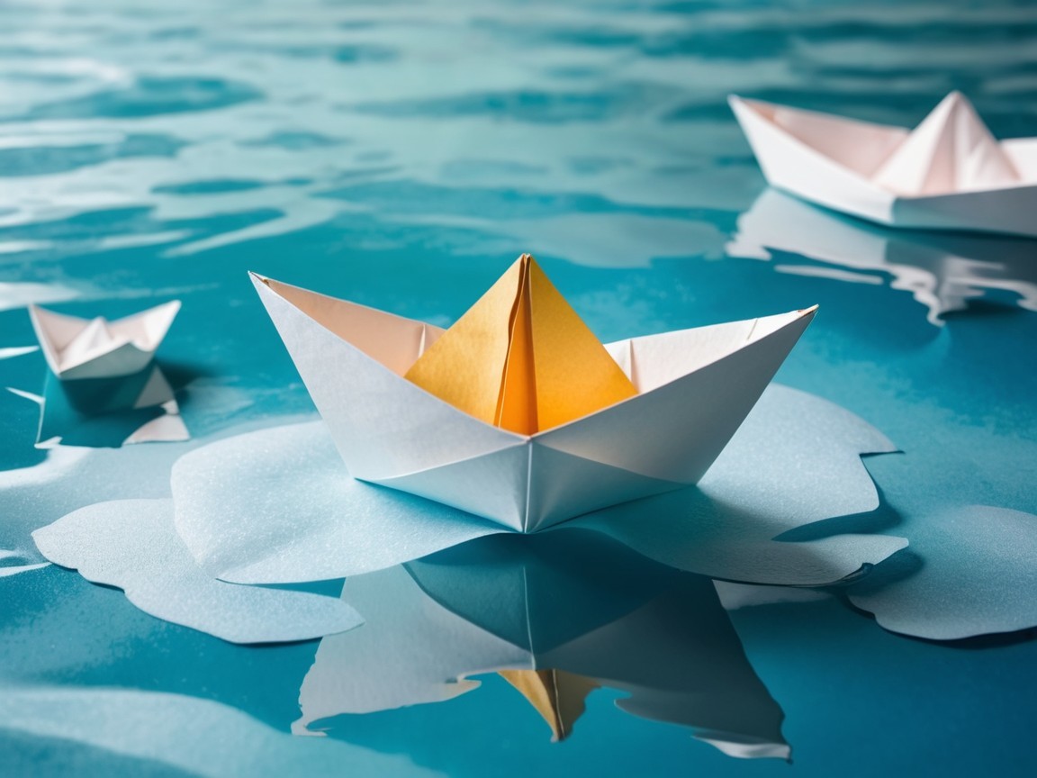 Colorful Paper Boats on Tranquil Blue Water Surface