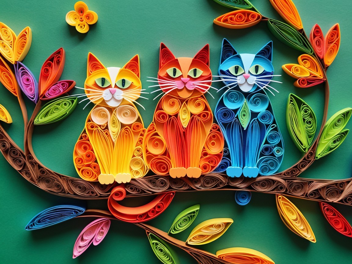 Colorful Quilling Paper Cats on Stylized Branch
