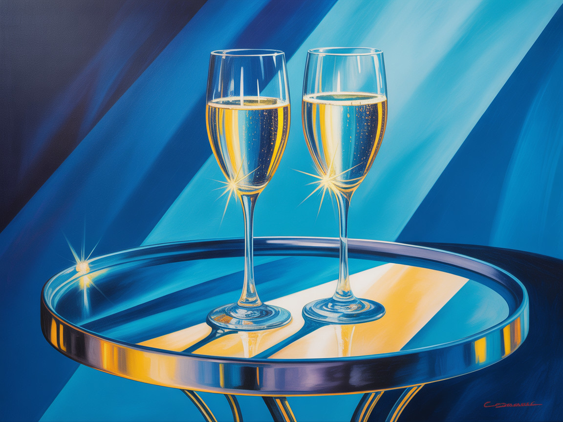 Elegant Champagne Flutes on Reflective Table Background