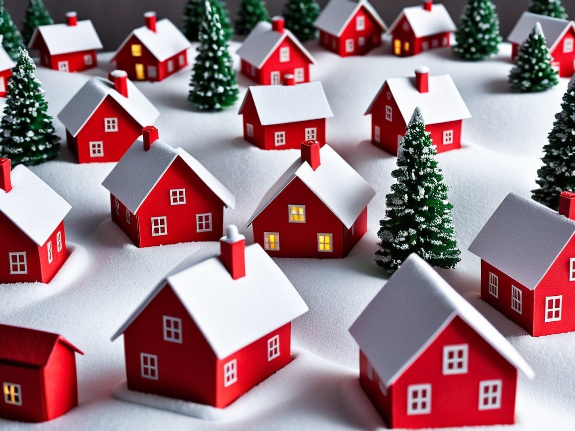 Miniature Village with Red Houses in Snowy Landscape