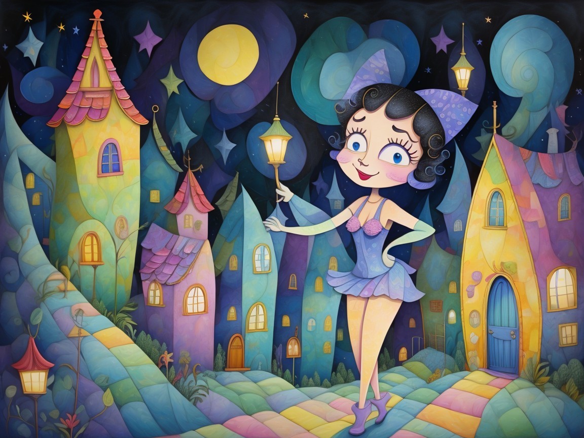 Whimsical Scene of a Girl with Lantern and Colorful Houses