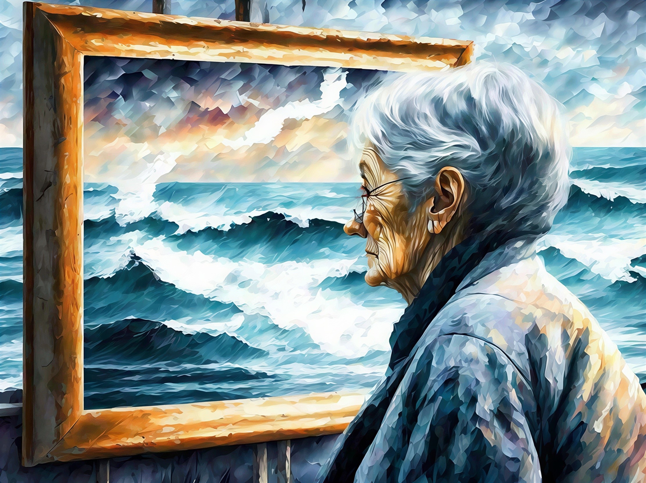 Impressionistic Painting of Elderly Woman and Rough Sea