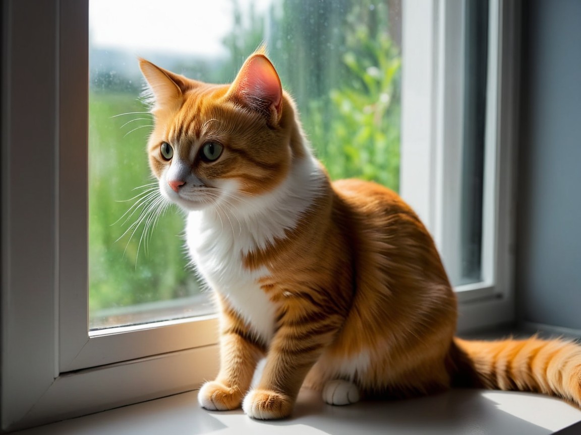 Fluffy Orange Tabby Cat on a Sunlit Windowsill