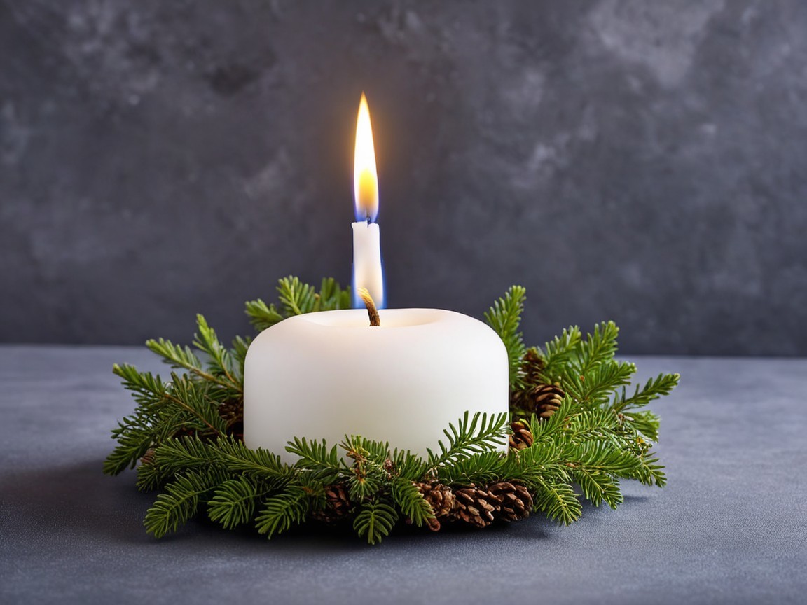 White Advent Candle on Pine Wreath with Gray Background
