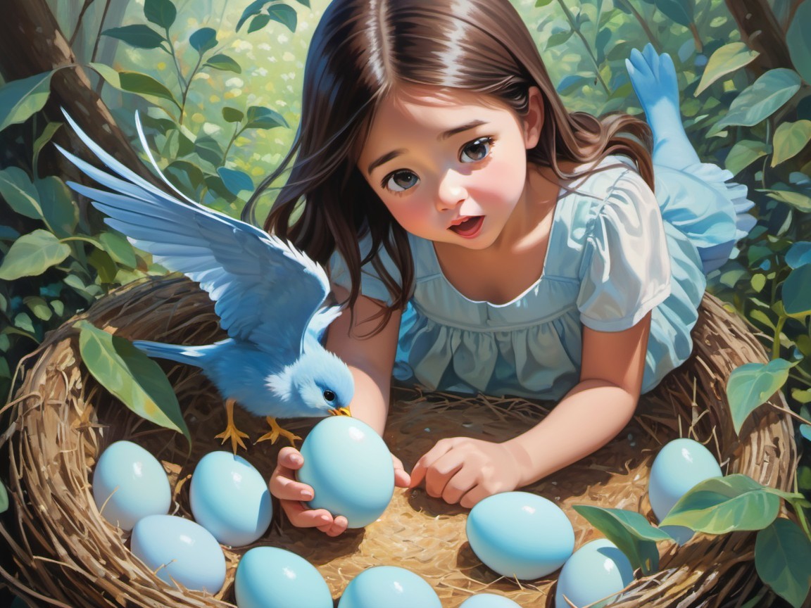 Whimsical Digital Painting of Girl and Bird Nest
