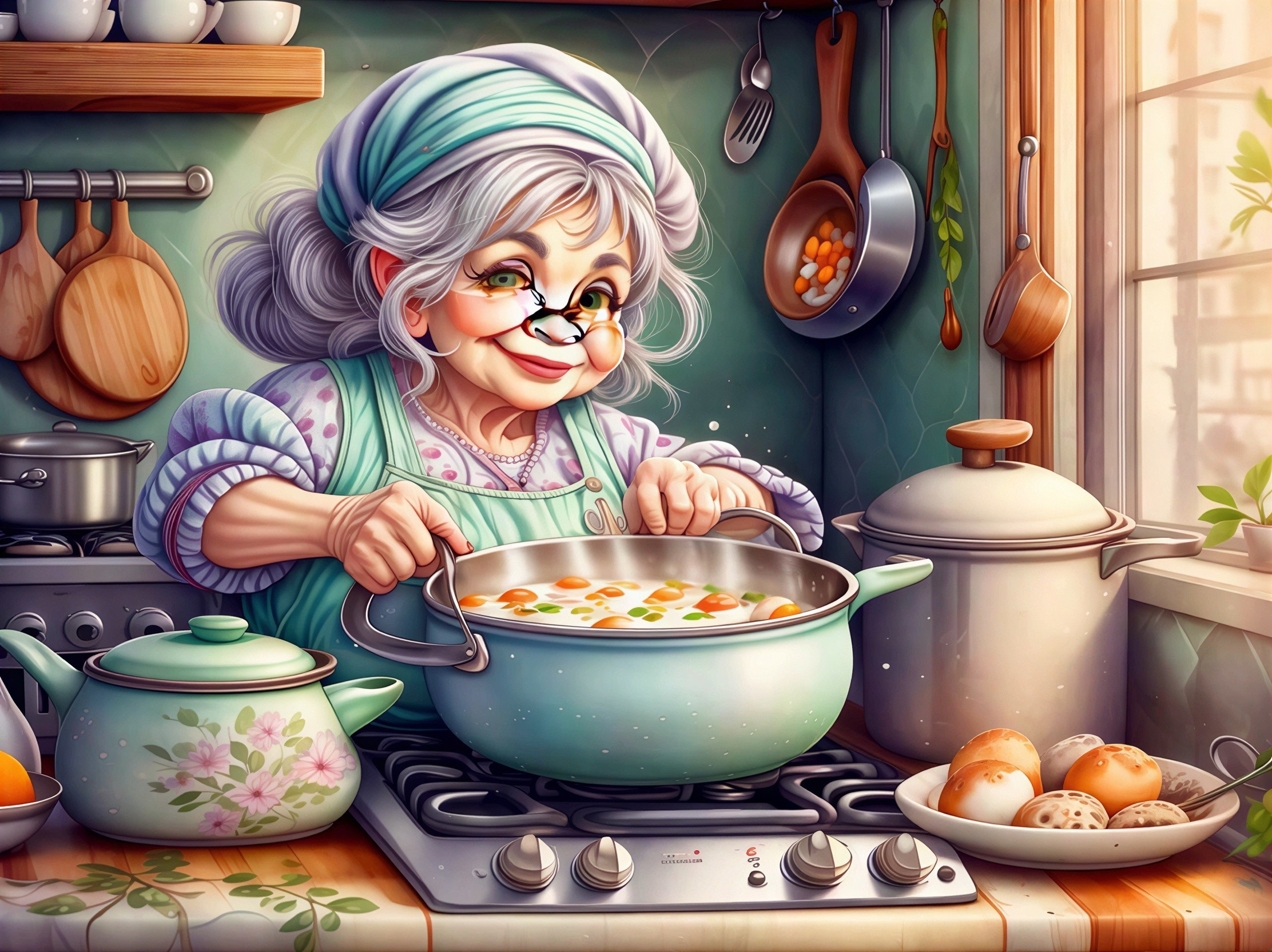 Old Woman Cooking in Brightly Lit Kitchen