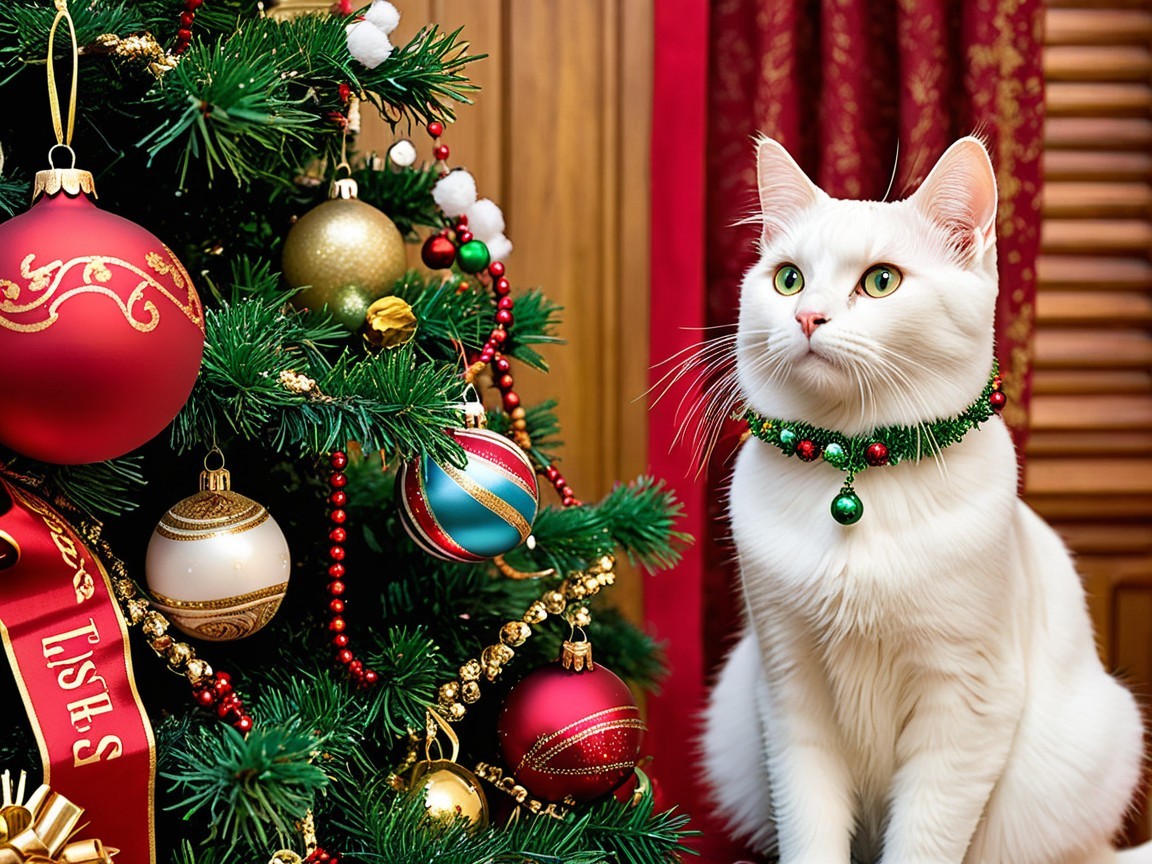 White Cat Beside Decorated Christmas Tree with Ornaments