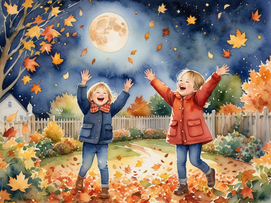 Children Playing Outdoors at Night Among Autumn Leaves