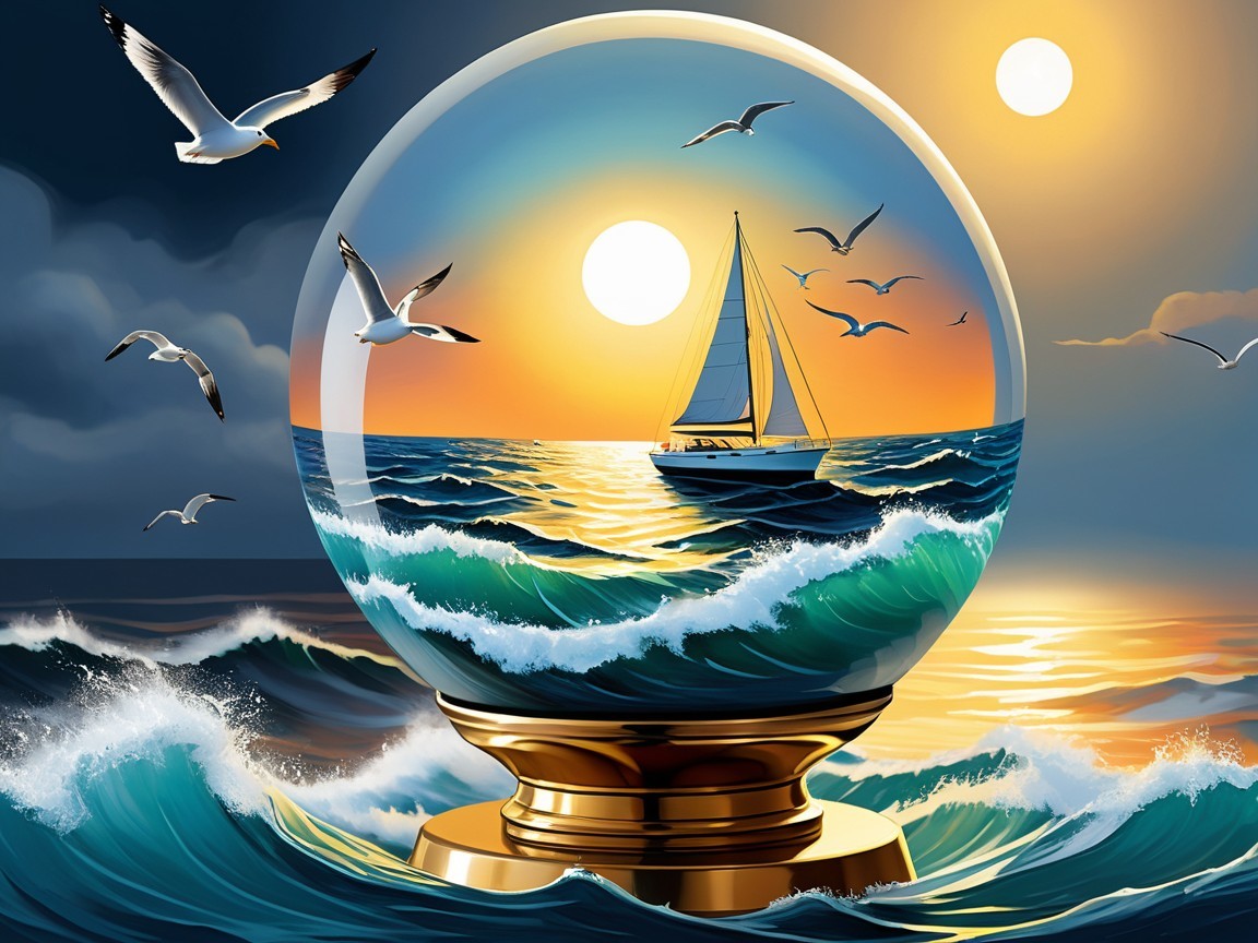 Crystal Globe Depicting Sunset Over Ocean Waves